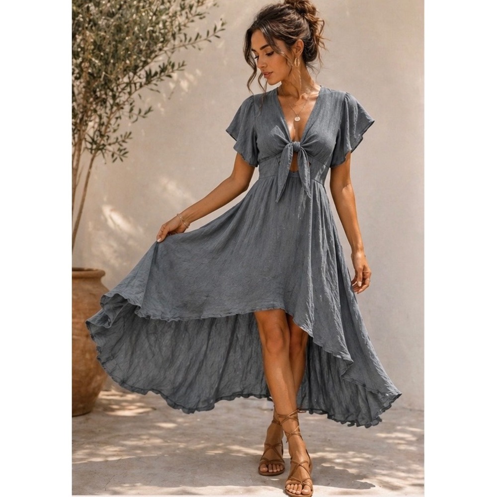 Petal & Pup Dusty Blue Coastal Goddess High Low Tie Front Flutter Maxi Dress Sz6
